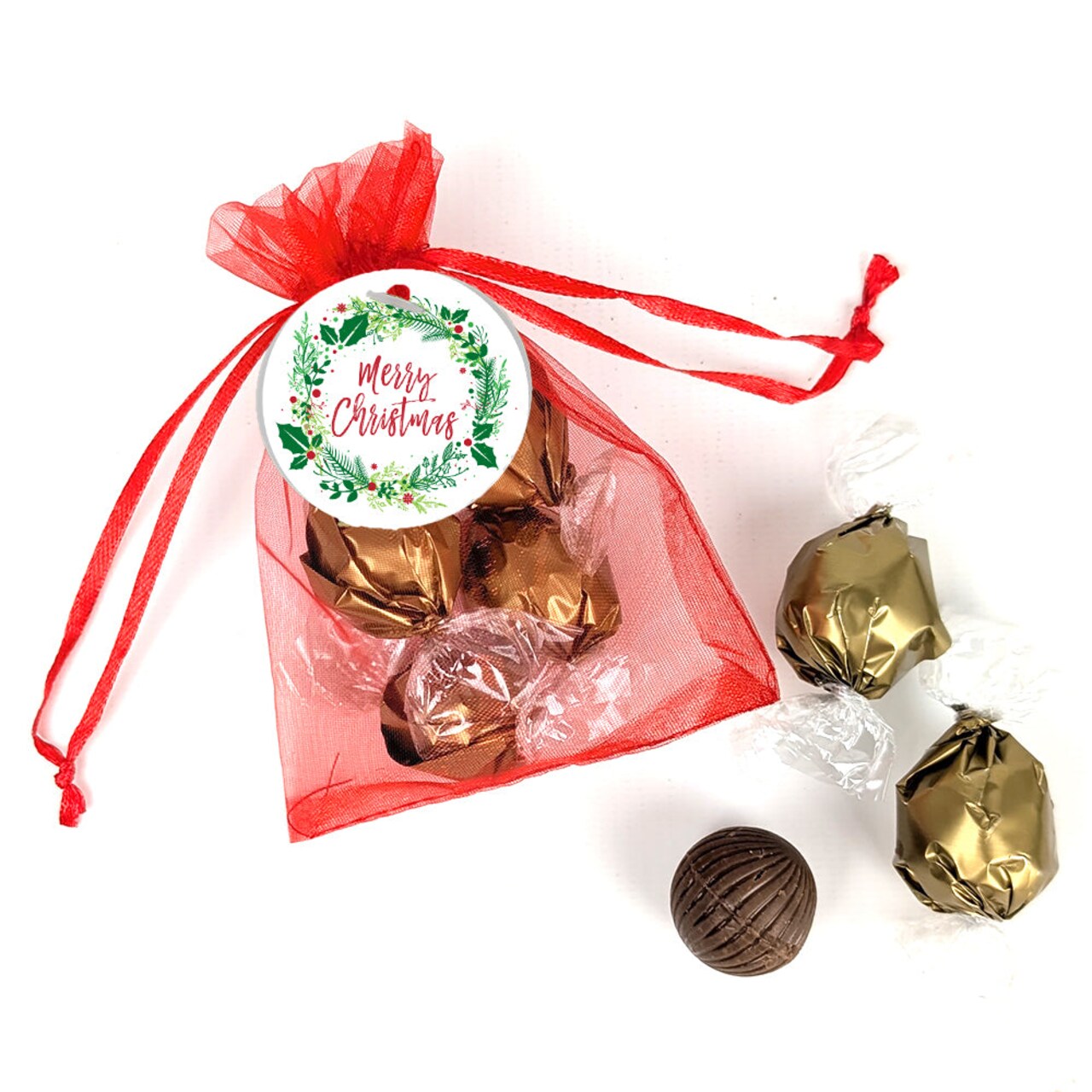 12 Pack Merry Christmas Red Organza Bag Favor Filled With Milk Chocolate Dubai Truffles For Gifting, Holiday Party Favors, Christmas Giveaways & More - Wreath